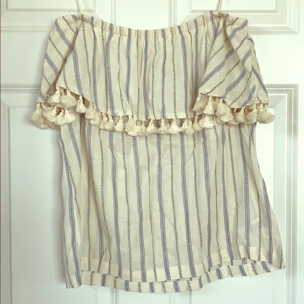 Cream Striped Off the Shoulder Blouse with Tassels